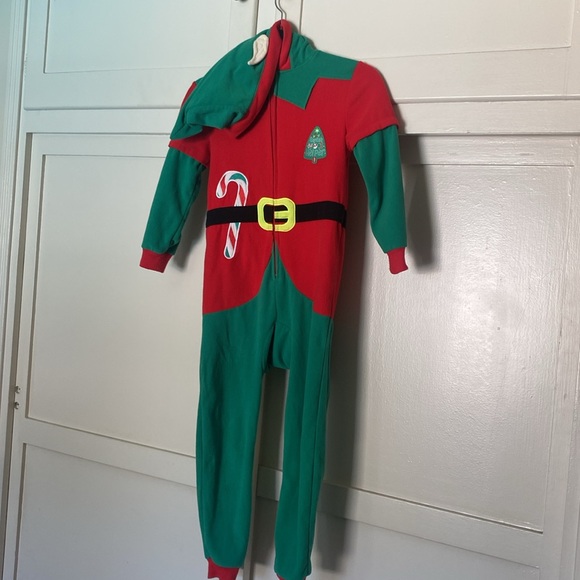 CHRISTMAS ELF GREEN AND RED HOODIE ONESIE PAJAMA COSTUME SIZE 5 🌟EUC🌟 - Picture 2 of 11